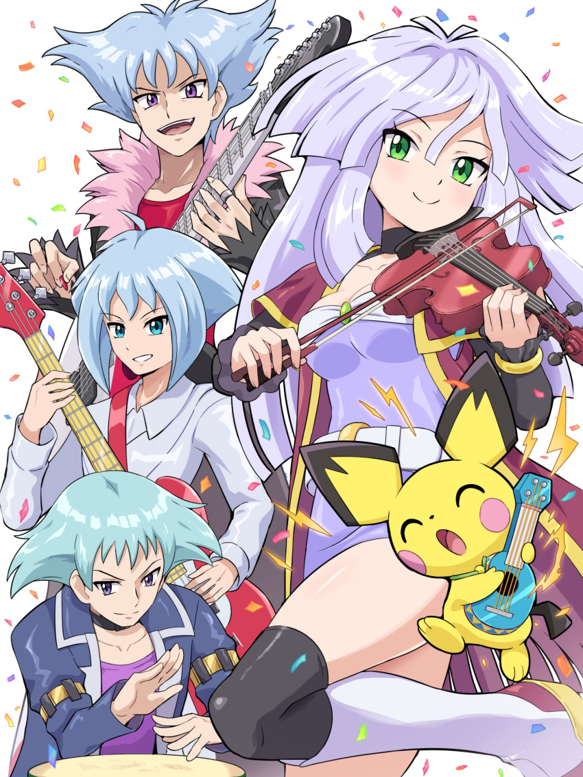 1girl, 3boys, absurdres, billy_(pokemon_ranger), blue_eyes, blue_hair, blush, clyde_(pokemon_ranger), garret_(pokemon), go-rock_squad, highres, long_hair, long_sleeves, looking_at_viewer, multiple_boys, open_mouth, pichu, pokemoa, pokemon, pokemon_ranger_(series), purple_hair, short_hair, siblings, simple_background, smile, standing, tiffany_(pokemon), ukulele_pichu