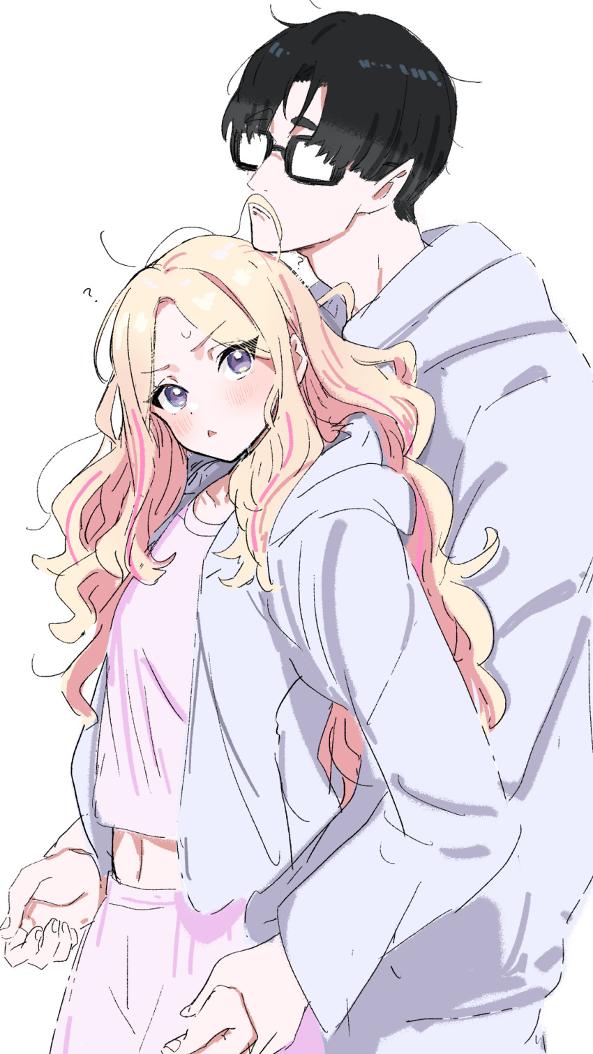 1boy, 1girl, ?, black-framed_eyewear, black_hair, blonde_hair, blush, commentary_request