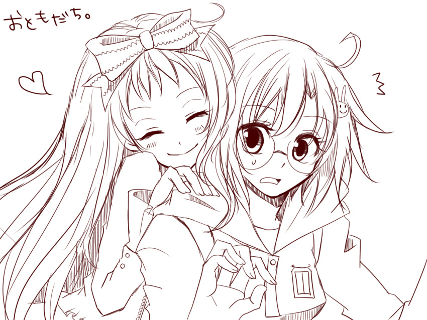 2girls, blush, buttons, closed_eyes, frills, glasses, hair_ornament, haru_(kerokero-suwako)