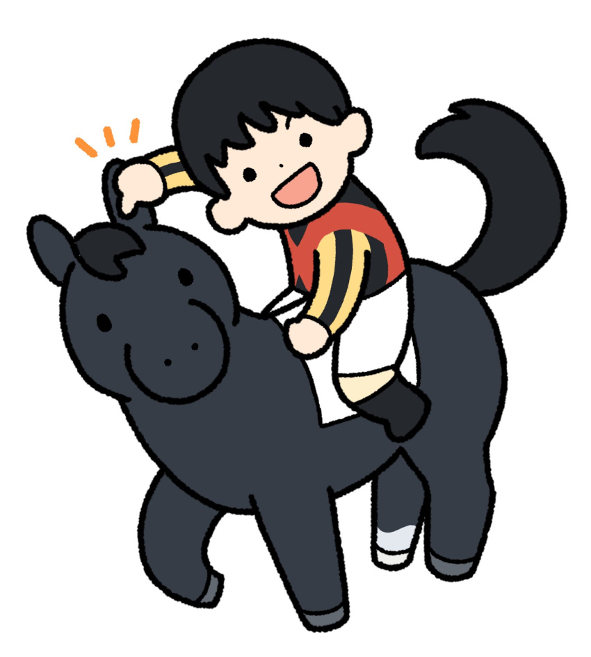 1boy, :d, animal_focus, black_boots, black_hair, boots, croix_du_nord_(racehorse), highres