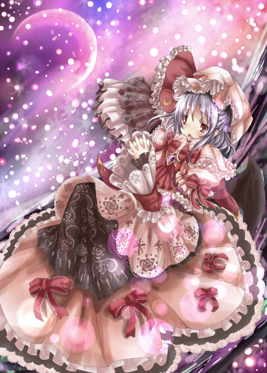 bow, crescent_moon, dress, frills, haru_ion, highres, lace, moon