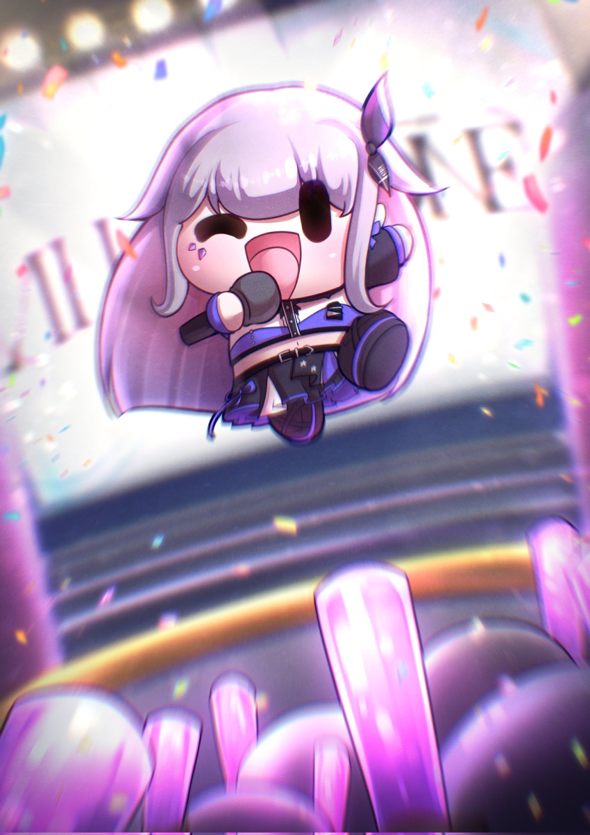 1girl, chibi, confetti, glowstick, grey_hair, highres, holding, holding_microphone