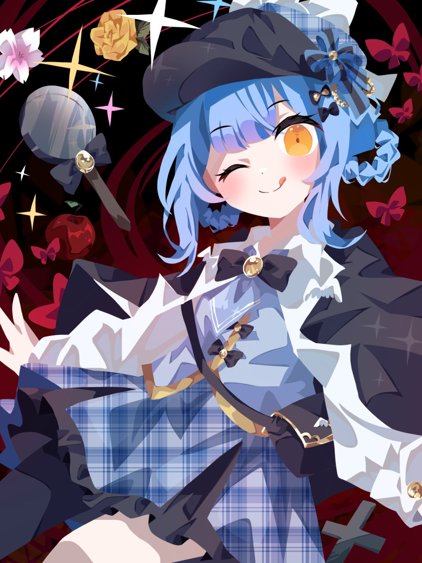 1girl, :q, apple, asymmetrical_legwear, black_bag, black_bow, black_hat, blue_hair