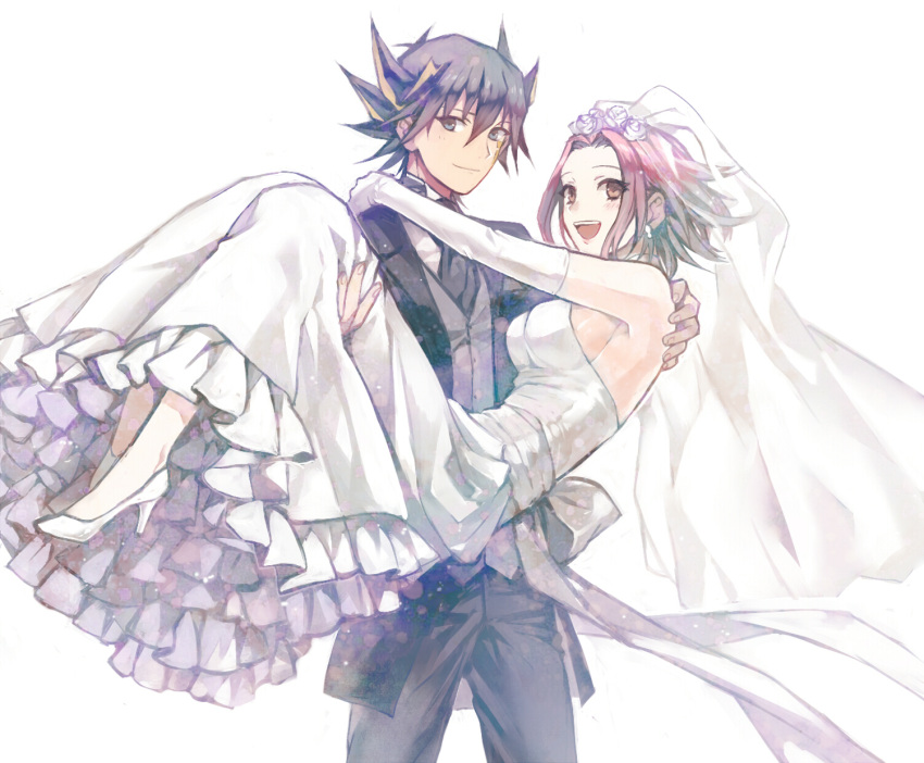 1girl, bare_shoulders, black_hair, blonde_hair, blue_eyes, breasts, bridal_veil, bride