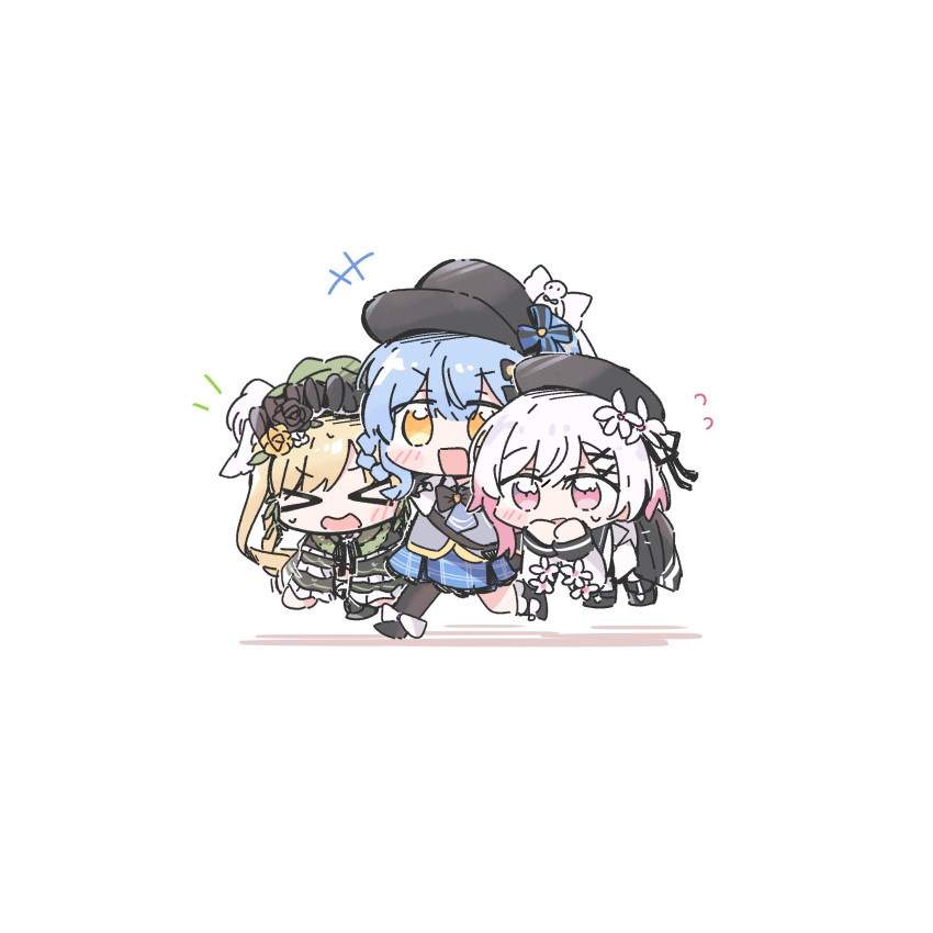 >_<, 3girls, asymmetrical_legwear, beret, bird_hat_ornament, black_dress, black_flower, black_hair, black_pantyhose, black_rose, black_shoes, blonde_hair, blue_dress, blue_hair, bonnet, braid, braided_hair_rings, carrying, carrying_multiple_people, carrying_person, carrying_under_arm, chibi, chibi_only, commentary, dress, flower, frills, gradient_hair, green_dress, hair_ornament, hair_rings, hat, hat_flower, hateyo, highres, lolita_fashion, magical_girl, mahou_shoujo_no_majo_saiban, multicolored_hair, multiple_girls, newsboy_cap, open_mouth, pantyhose, rose, sakuraba_ema, shirt, shoes, simple_background, smile, tachibana_sherry, too_many, too_many_frills, toono_hanna, twintails, white_background, white_flower, white_hair, white_shirt, x_hair_ornament, yellow_eyes, yellow_flower, yellow_rose