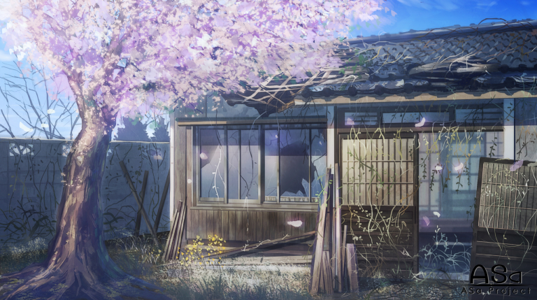 abandoned, blue_sky, broken, broken_glass, cherry_blossoms, commentary_request, day, glass
