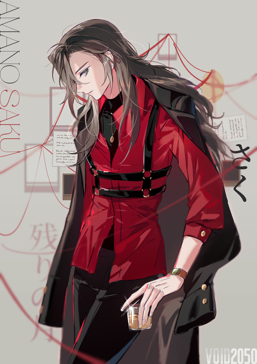 1boy, absurdres, black_coat, black_hair, black_pants, black_shirt, character_name, chest_harness, chinese_commentary, closed_mouth, coat, coat_on_shoulders, collared_jacket, cowboy_shot, cup, drinking_glass, evidence_board, expressionless, green_eyes, grey_background, hair_between_eyes, harness, highres, holding, holding_cup, jacket, jewelry, long_hair, long_sleeves, male_focus, necklace, note, original, pants, paper, partially_unbuttoned, photo_(object), profile, red_jacket, shirt, side_part, sideways_glance, standing, string, three-quarter_sleeves, turtleneck, turtleneck_shirt, watch, watch, wei_huo_hu