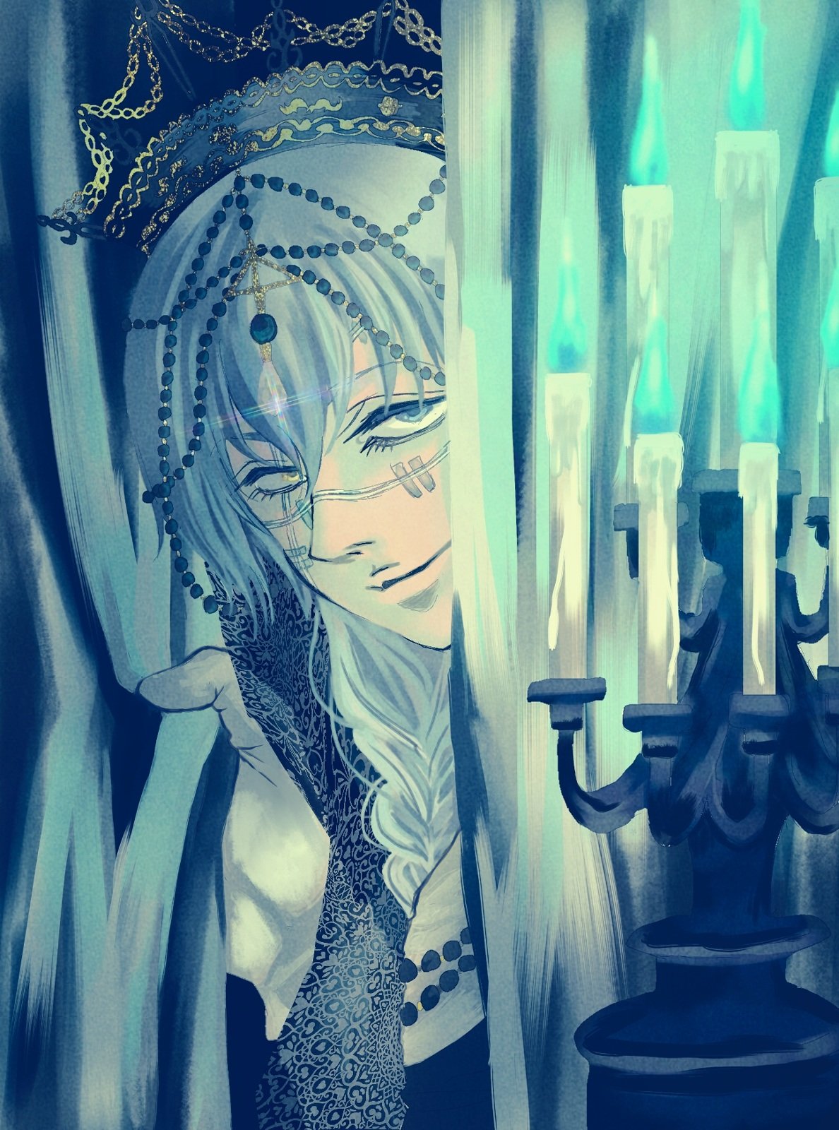 1boy, alternate_costume, blue_eyes, blue_hair, candlestand, hair_between_eyes, headdress, heterochromia