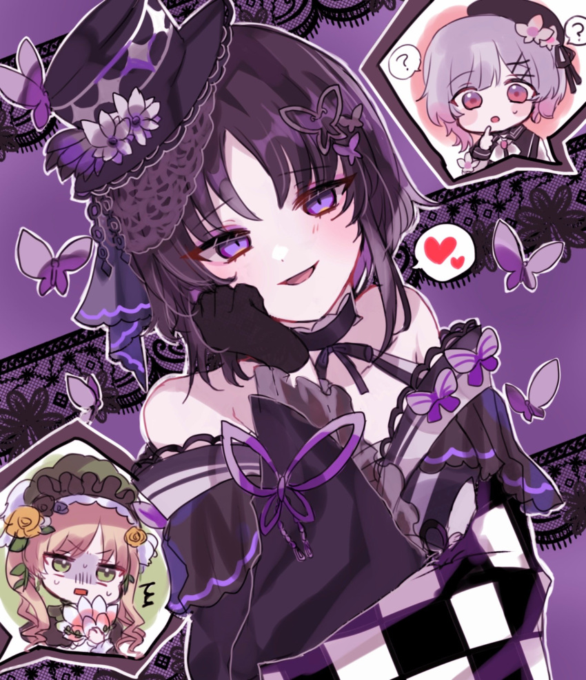 3girls, :o, ?, bare_shoulders, beret, black_gloves, blonde_hair, bonnet, bug, butterfly, butterfly_hair_ornament, butterfly_ornament, disgust, dress, finger_to_own_chin, flower, frilled_dress, frilled_hat, frills, gloves, gothic_lolita, gradient_hair, hair_ornament, hand_fan, hand_on_own_face, hat, hat_flower, heart, highres, holding, holding_fan, houshou_margo, lolita_fashion, mahou_shoujo_no_majo_saiban, mini_hat, mini_top_hat, multicolored_hair, multiple_girls, parted_lips, pink_eyes, pink_hair, purple_background, purple_butterfly, purple_dress, purple_hair, sakuraba_ema, seductive_smile, smile, spoken_heart, spoken_question_mark, toono_hanna, top_hat, twintails, violet_eyes, white_background, x_hair_ornament, yuribatakesaiko
