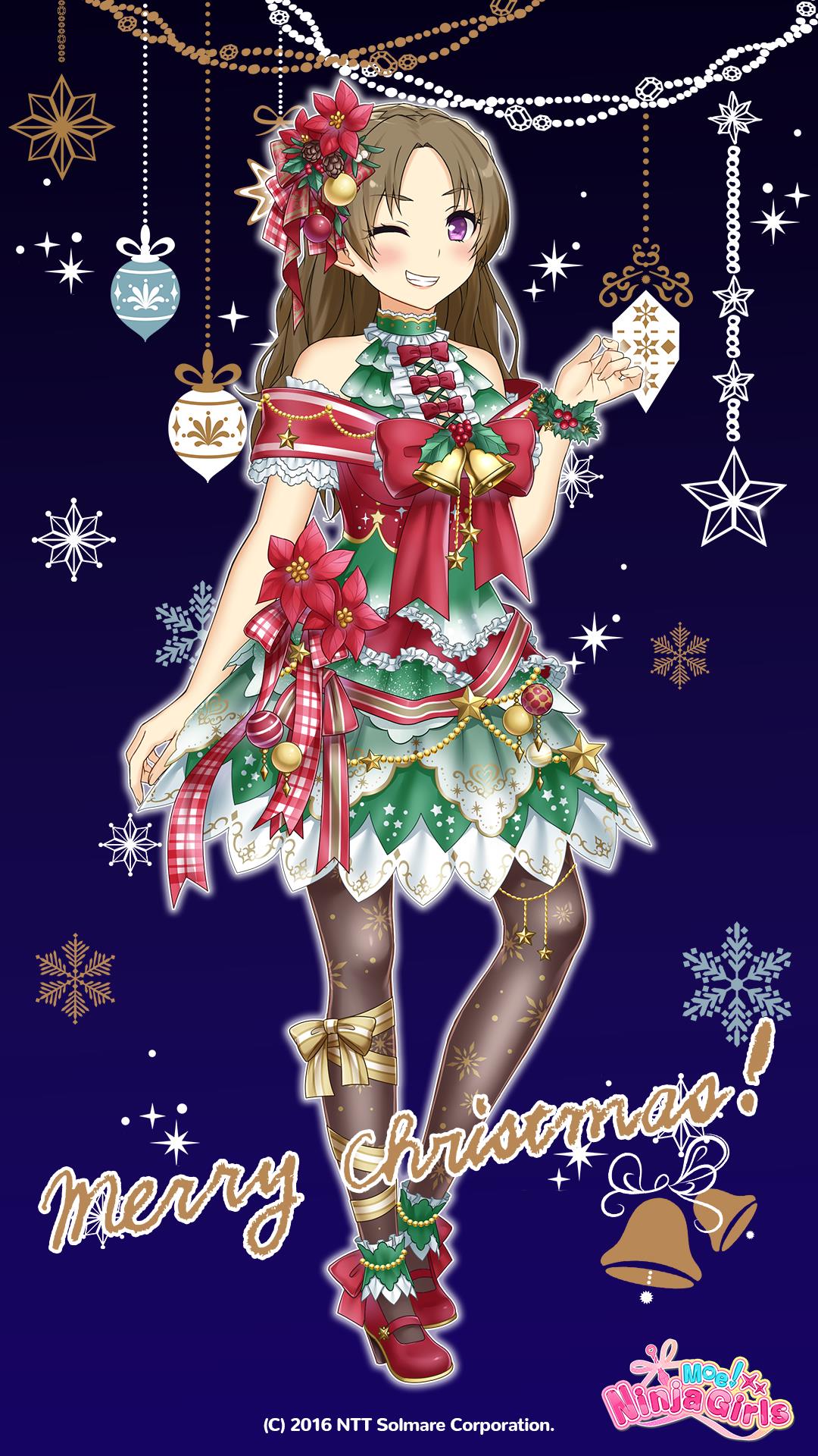 1girl, bare_shoulders, bell, blue_background, bow, brown_hair, christmas, christmas_tree_costume, dress, full_body, gradient_background, grin, hair_ornament, high_heels, highres, kokonohi_hotaru, long_hair, merry_christmas, moe!_ninja_girls, official_art, one_eye_closed, pantyhose, red_ribbon, ribbon, santa_costume, santa_dress, smile, solo, star_(symbol), violet_eyes
