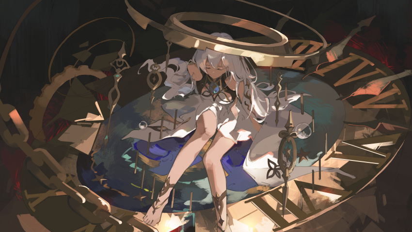 1girl, absurdres, bare_shoulders, barefoot, chain, clock, closed_eyes, commentary