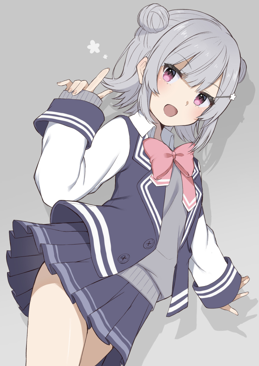 1girl, absurdres, bow, cevio, double_bun, grey_hair, hair_bun, hair_ornament