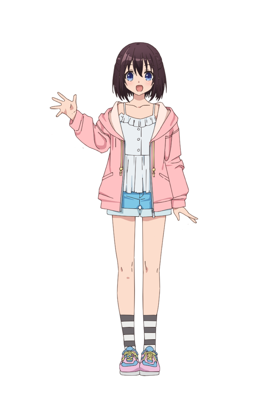 1girl, :d, anime_coloring, blue_eyes, blue_shorts, blush, breasts, brown_hair
