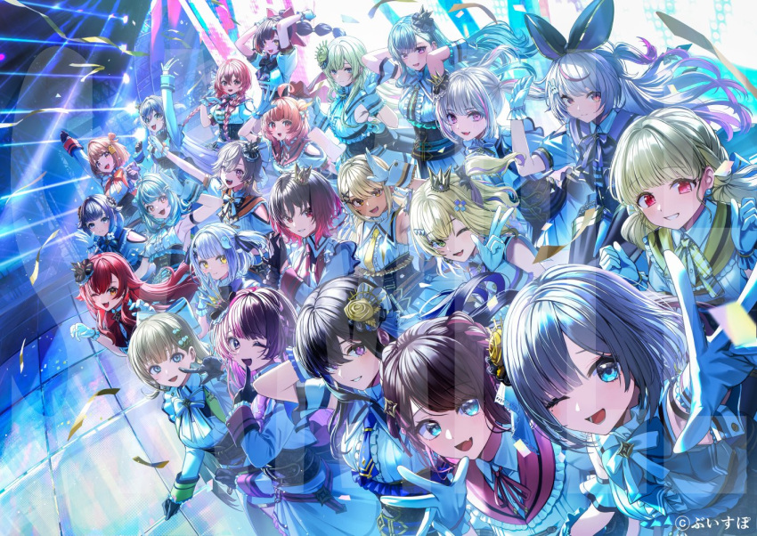 6+girls, adjusting_clothes, adjusting_gloves, ahoge, aizawa_ema, amayui_moka, aqua_bow, aqua_bowtie