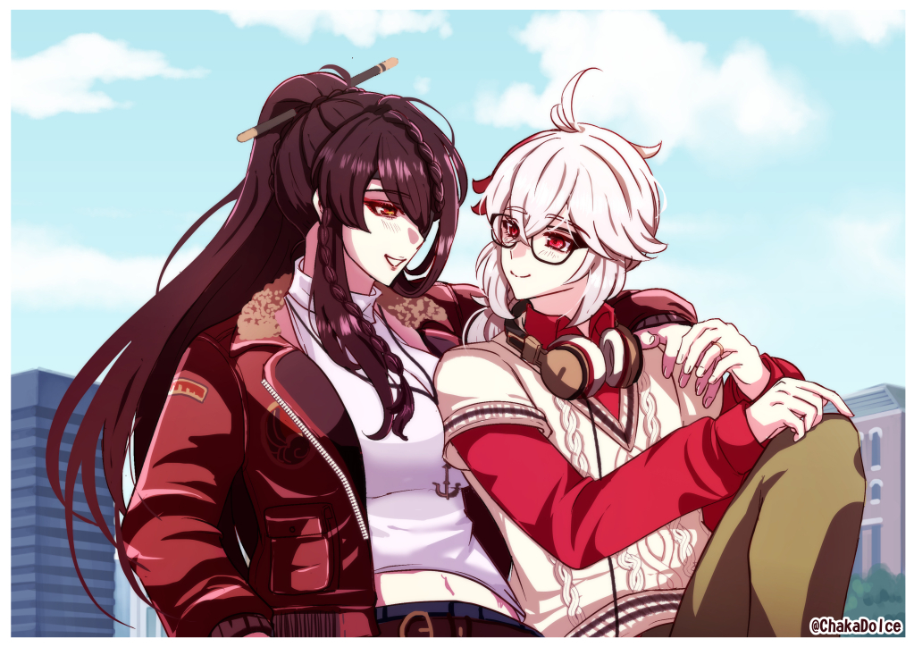 1boy, 1girl, anchor_necklace, arm_around_shoulder, beidou_(genshin_impact), beidou_(mcdonalds)_(genshin_impact), blue_sky, breasts