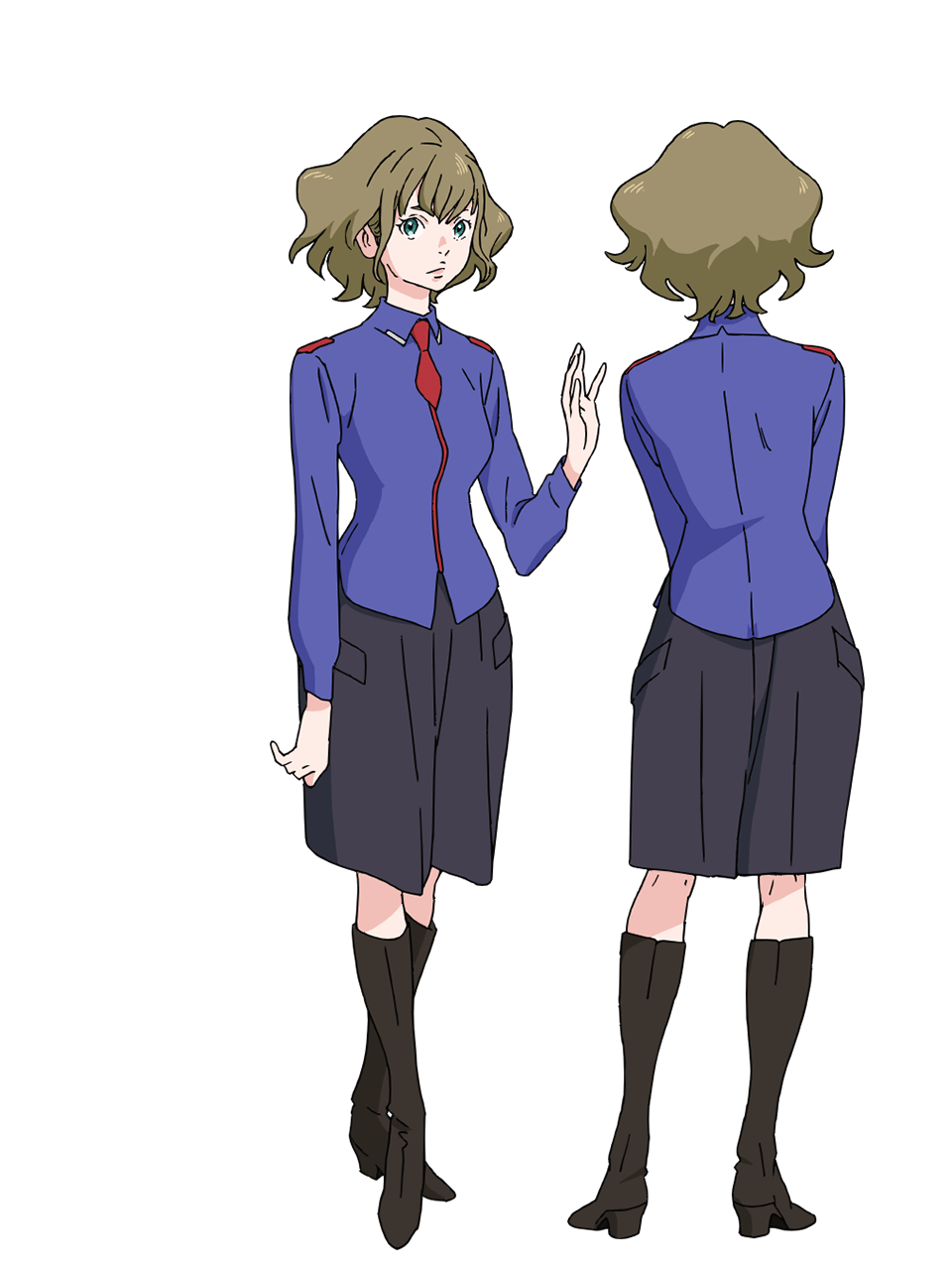 2girls, anime_coloring, back, blue_eyes, blue_shirt, boots, brown_boots, chikyuugai_shounen_shoujo