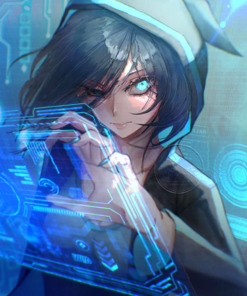 1girl, absurdres, amachihiro_(artist), artificial_eye, black_hoodie, black_jacket, blue_background, blue_eyes