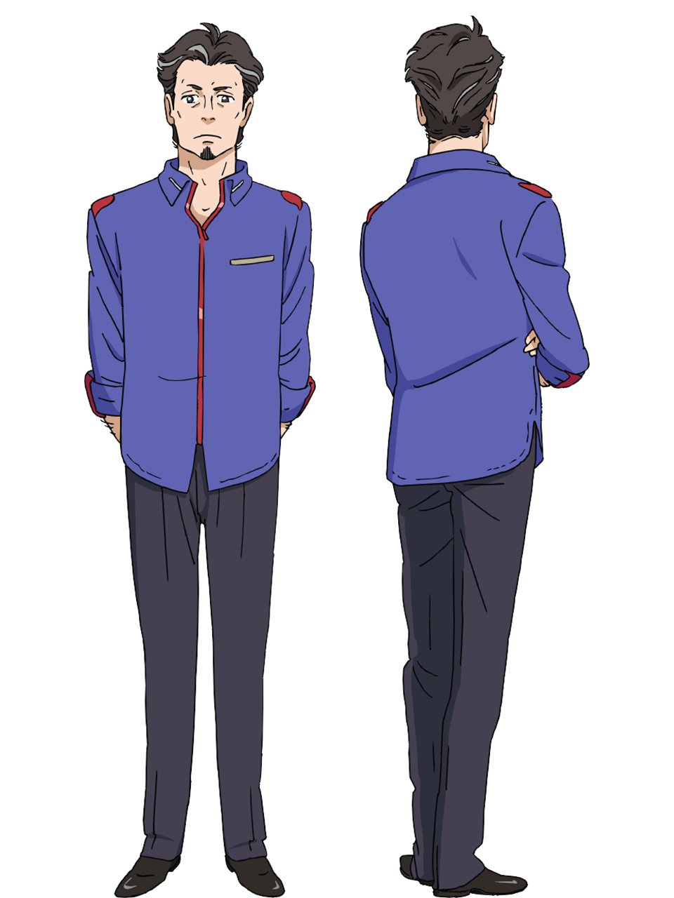 2boys, anime_coloring, arm_behind_back, back, beard, black_hair, black_shoes, blue_shirt