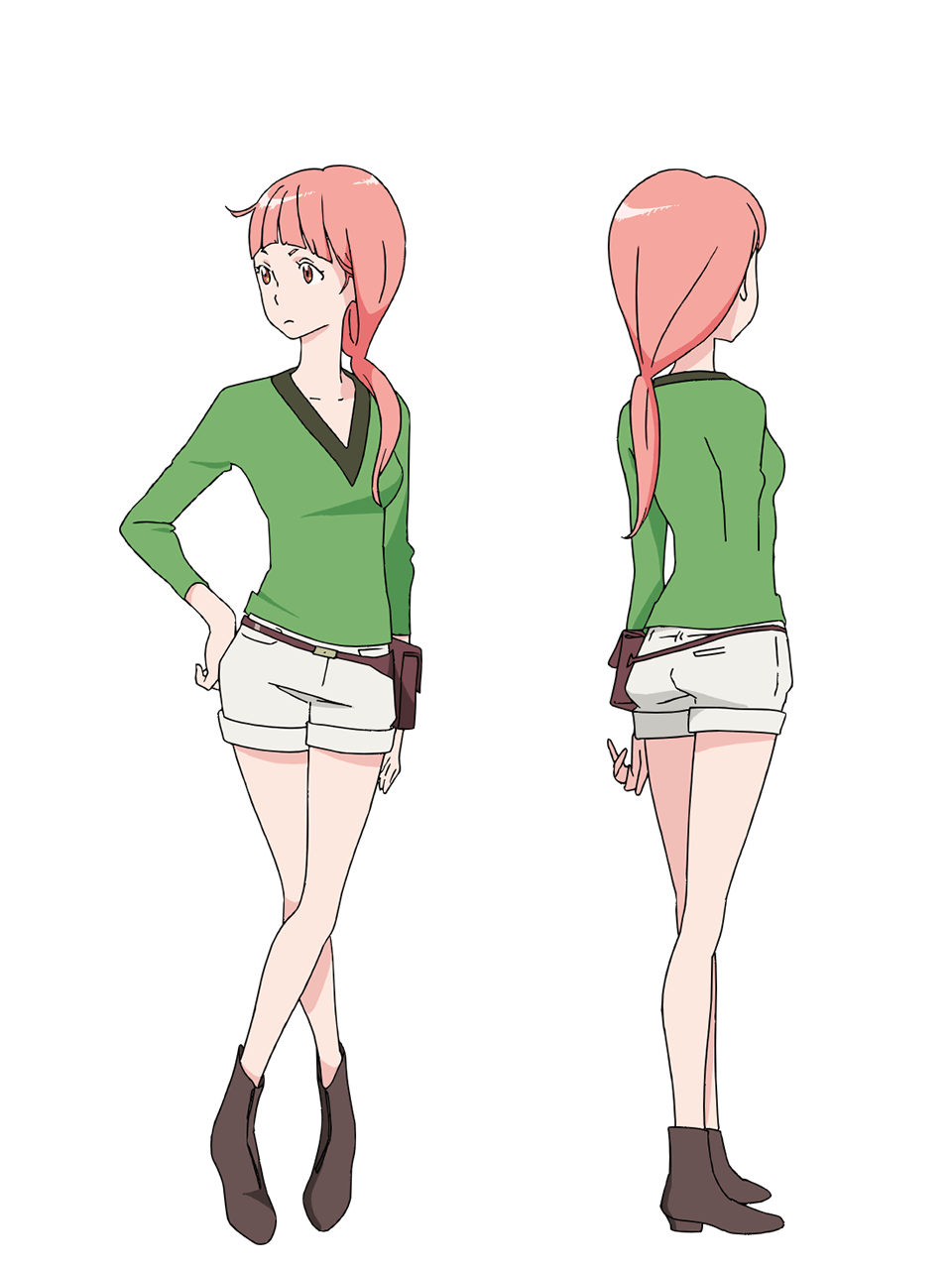 2girls, anime_coloring, back, belt, belt_pouch, blunt_bangs, breasts, brown_belt