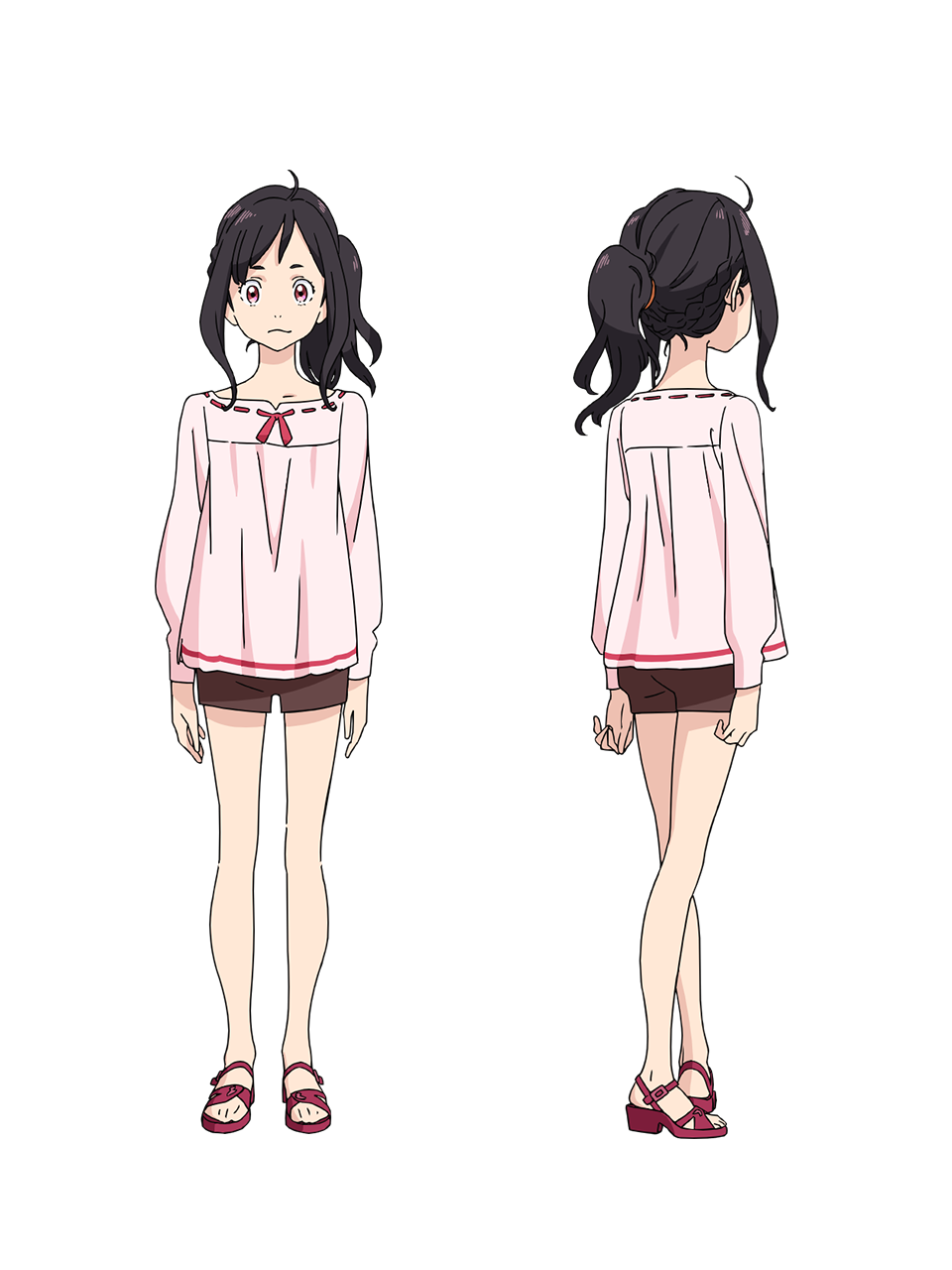 2girls, ahoge, anime_coloring, back, black_hair, braid, brown_eyes, brown_pants, chikyuugai_shounen_shoujo, collarbone, crown_braid, from_behind, full_body, highres, long_sleeves, looking_at_viewer, medium_hair, misasa_miina, multiple_girls, multiple_views, official_art, pants, pink_sandals, pink_shirt, ponytail, sandals, shirt, short_shorts, shorts, simple_background, standing, tareme, thighs, transparent_background, yoshida_ken'ichi