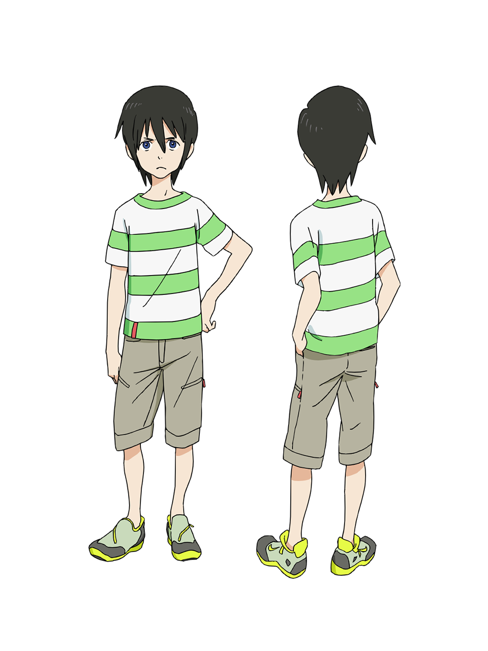 2boys, anime_coloring, back, black_hair, blue_eyes, brown_shorts, chikyuugai_shounen_shoujo, child