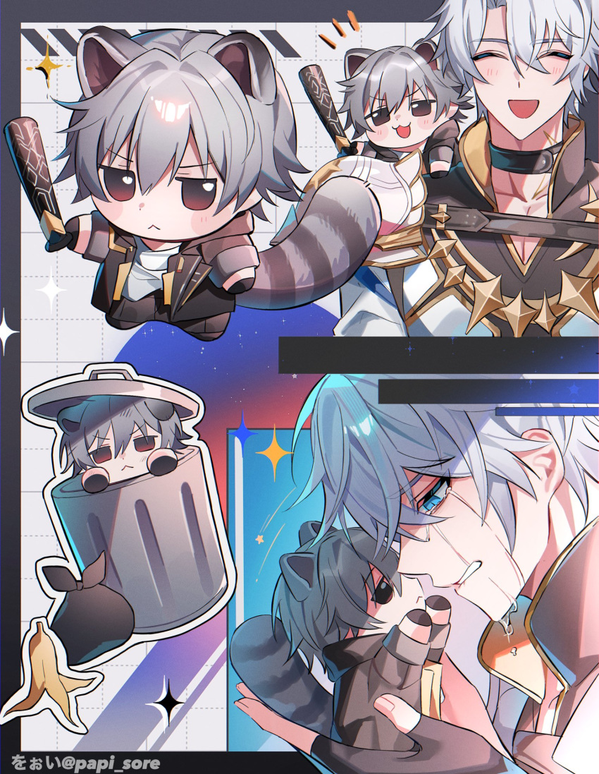 2boys, :<, animal_ears, antenna_hair, armor, arms_up, artist_name, banana_peel