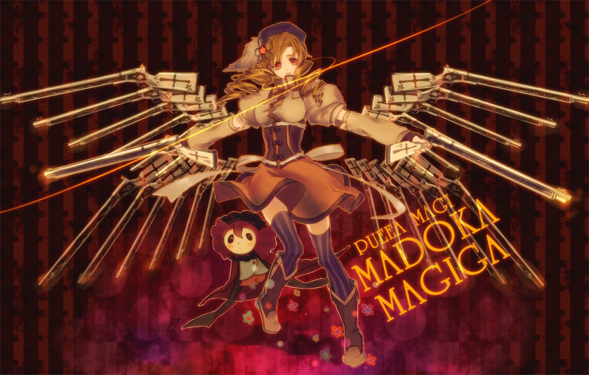 beret, blonde_hair, boots, charlotte_(madoka_magica), corset, drill_hair, dual_wielding, fingerless_gloves