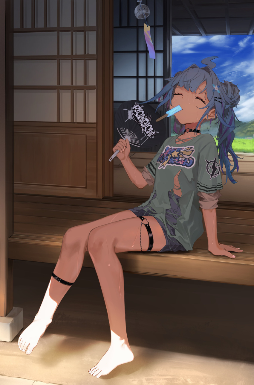 1girl, absurdres, alternate_hairstyle, ankle_strap, barefoot, blue_hair, blue_shirt, blue_shorts