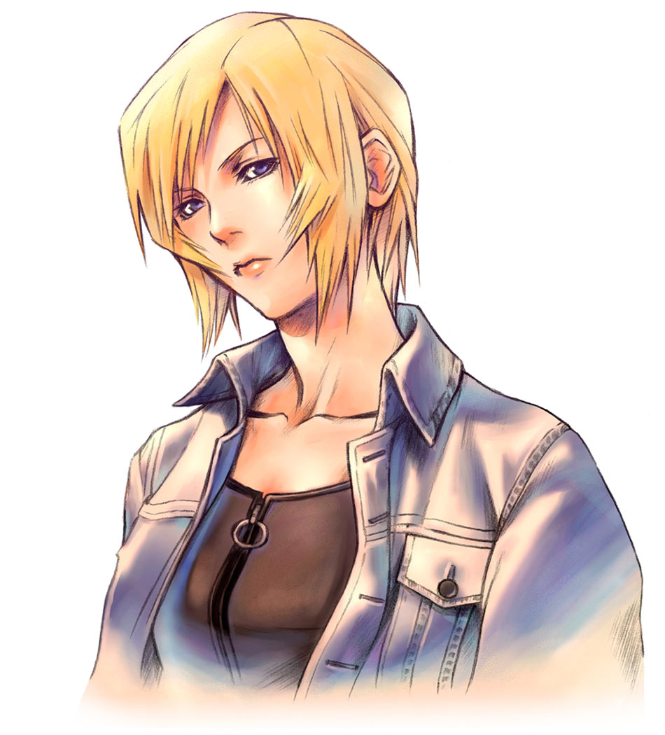 1girl, aya_brea, blonde_hair, blue_eyes, denim, game_cg, head_tilt, jacket