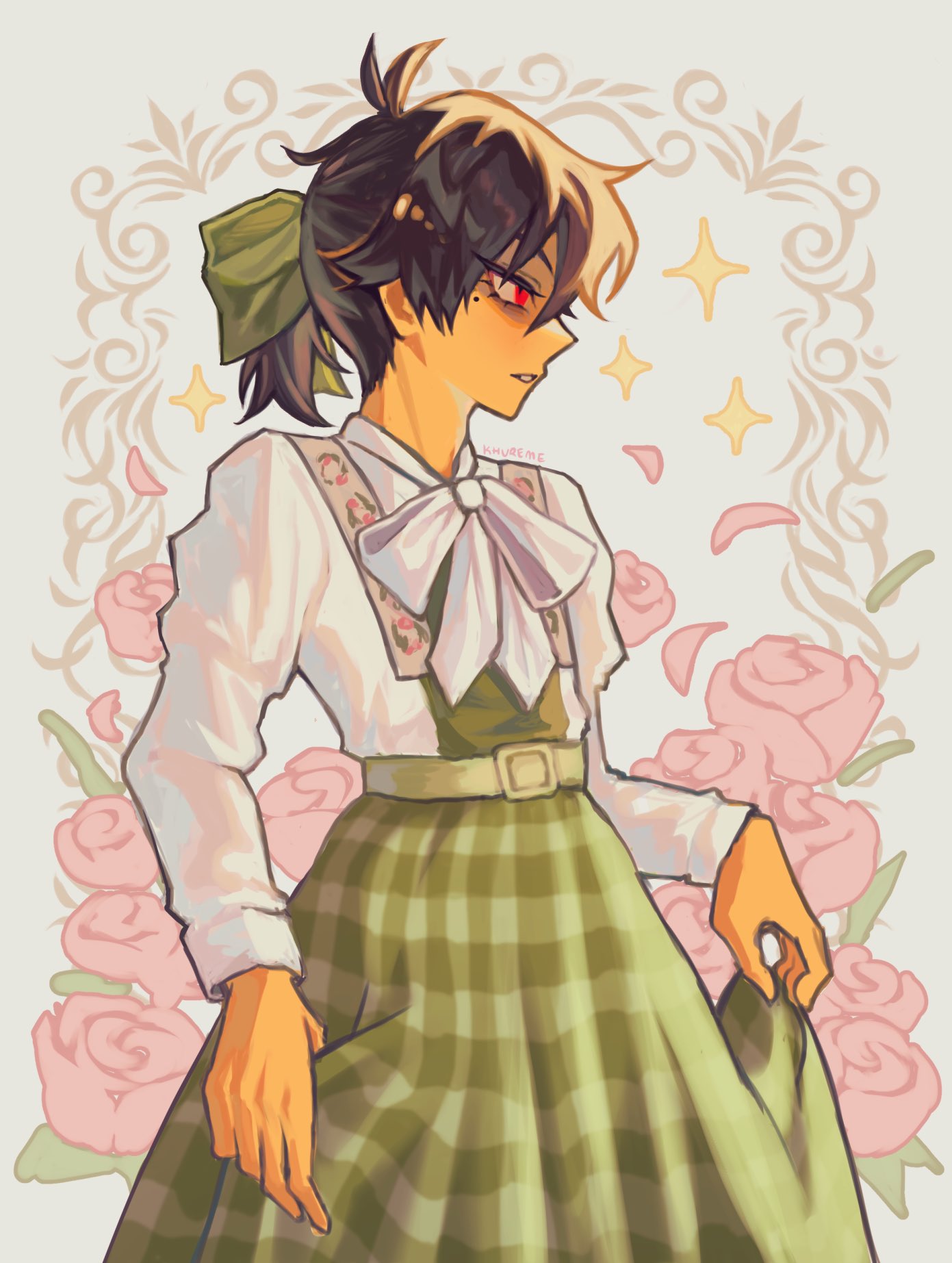 1other, alternate_costume, belt, bow, colored_skin, country_lolita, deltarune, dress, flower, hair_bow, highres, khureme, kris_(deltarune), lolita_fashion, mole, mole_under_eye, other_focus, parted_lips, pink_flower, pink_rose, red_eyes, rose, shirt, solo, utdr_(toby_fox), yellow_skin