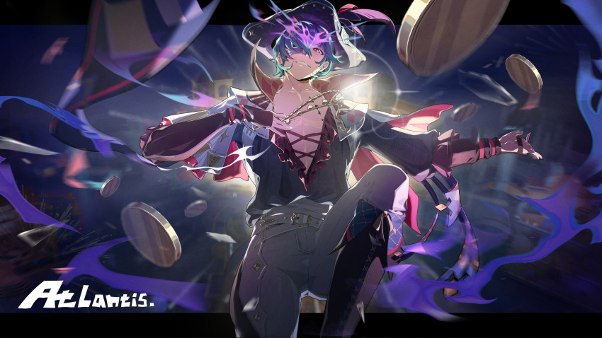 1boy, artist_name, atlantis_(artist), backlighting, belt, blue_hair, brant_(wuthering_waves), coin