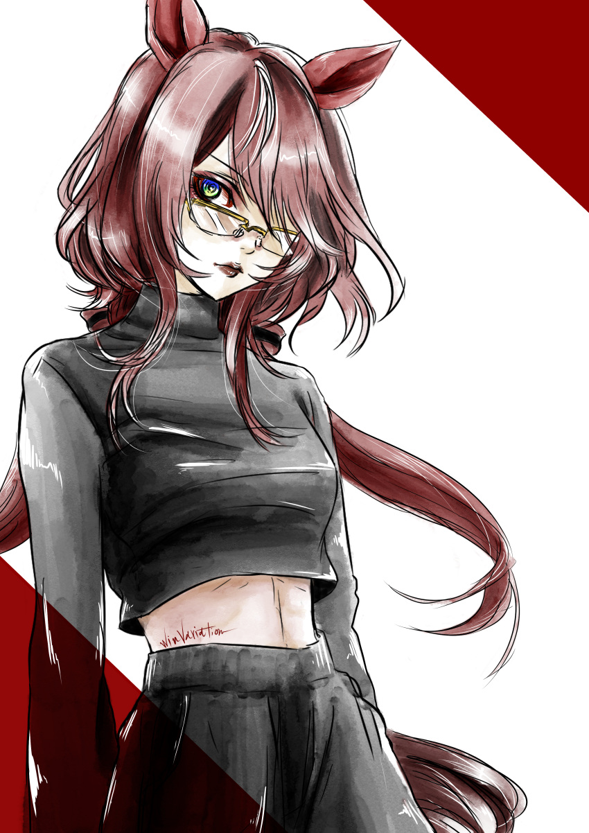 1girl, absurdres, animal_ears, black_pants, black_shirt, blue_eyes, breasts, brown_hair