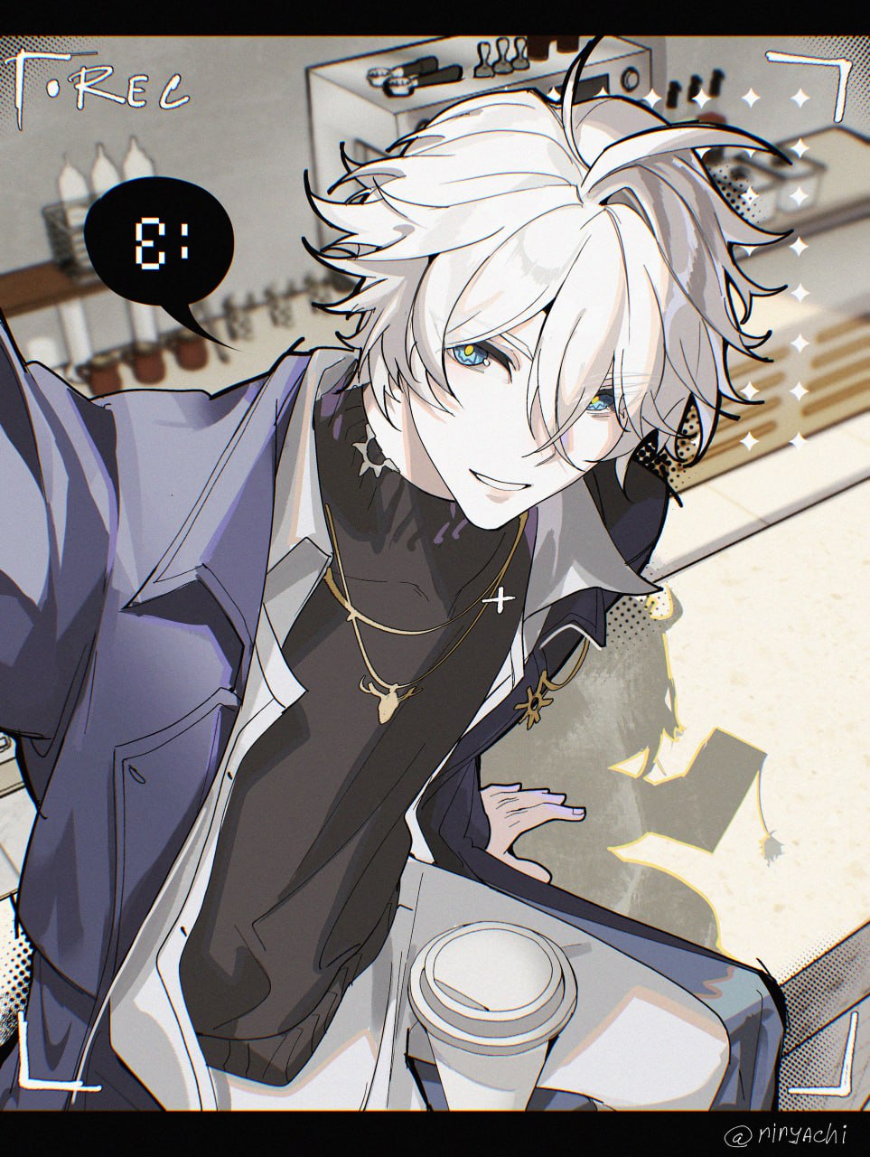 1boy, antenna_hair, black_sweater, blue_coat, blue_eyes, coat, crossed_bangs, cup, grey_hair, grin, hair_between_eyes, hand_up, highres, honkai:_star_rail, honkai_(series), jewelry, male_focus, necklace, official_alternate_costume, open_clothes, open_coat, open_shirt, pants, parted_bangs, phainon_(honkai:_star_rail), phainon_(luckin_coffee)_(honkai:_star_rail), recording, riryachi, shirt, short_hair, sitting, smile, solo, sweater, teeth, turtleneck, turtleneck_sweater, twitter_username, white_pants, white_shirt, yellow_pupils