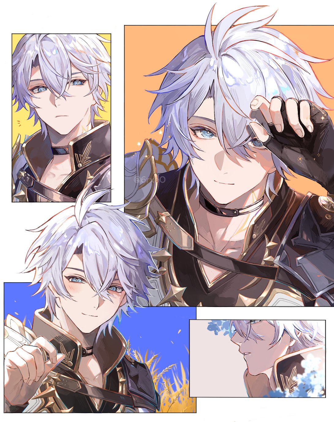 1boy, 6rxeo, belt, black_choker, black_gloves, blue_eyes, brown_belt, choker