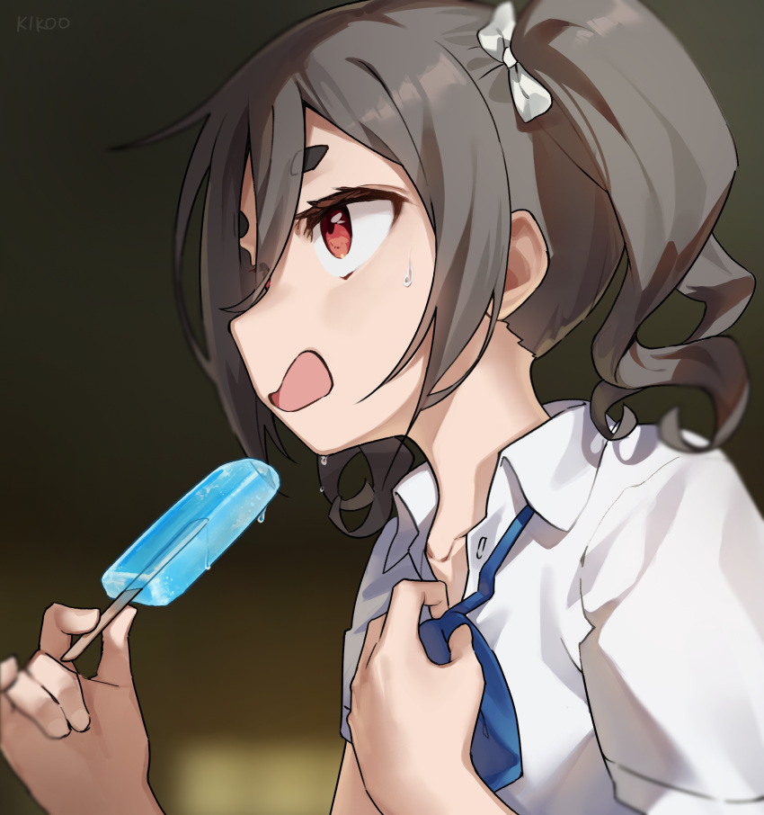 1girl, adjusting_bowtie, artist_name, blurry, blurry_background, bow, bowtie, collared_shirt
