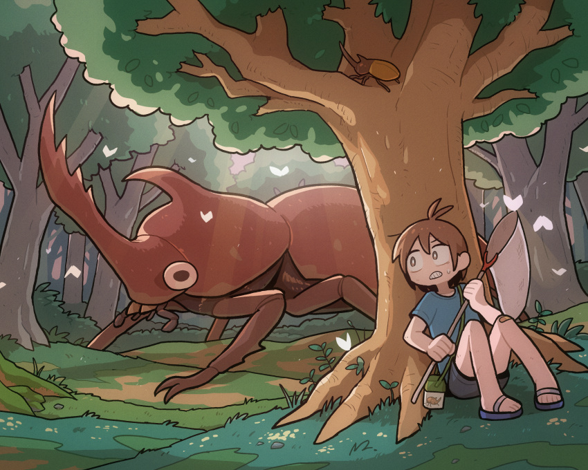1boy, black_shorts, blue_shirt, brown_hair, bug, butterfly, butterfly_net, child