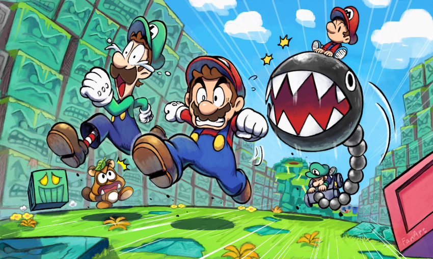 4boys, baby, baby_luigi, baby_mario, blue_overalls, brown_hair, brown_shoes, buttons