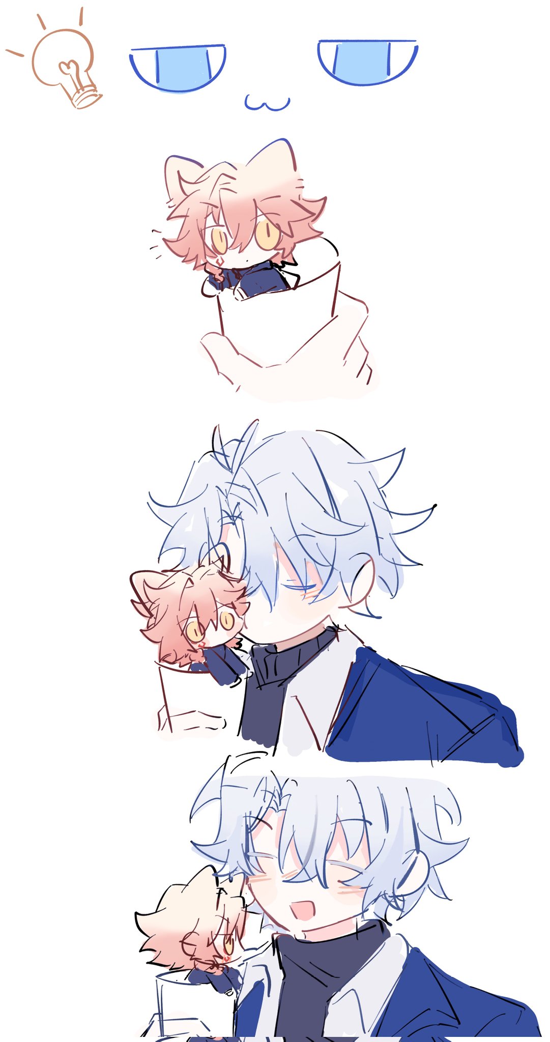 2boys, antenna_hair, black_sweater, blue_coat, blue_eyes, chibi, closed_eyes, coat