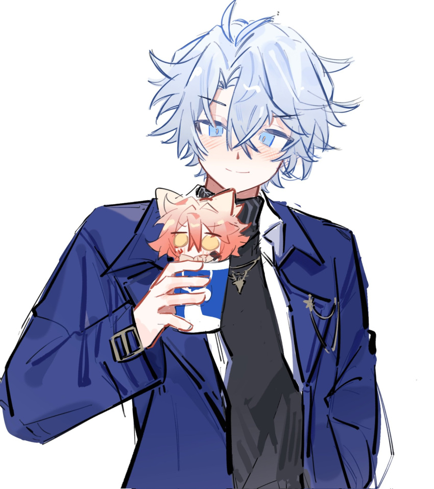 2boys, antenna_hair, black_sweater, blue_coat, blue_eyes, chibi, coat, crossed_bangs