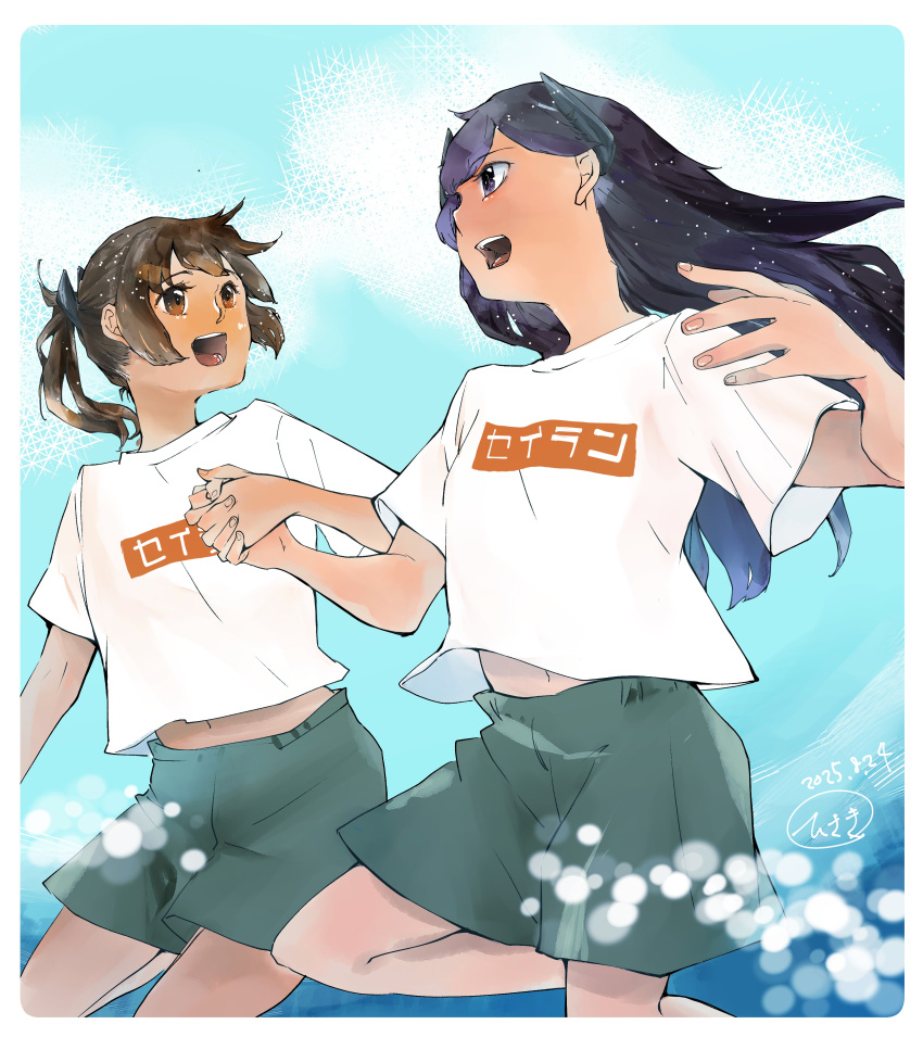 2_(f211m289), 2girls, absurdres, black_eyes, black_hair, blue_sky, brown_eyes, brown_hair, clothes_writing, clouds, cosplay, cowboy_shot, grey_shorts, headgear, highres, i-400_(kancolle), i-400_(kancolle)_(cosplay), i-400_(kure)_(kancolle), i-401_(kancolle), kantai_collection, long_hair, matching_outfits, multiple_girls, official_alternate_costume, shirt, shorts, sky, smile, white_shirt