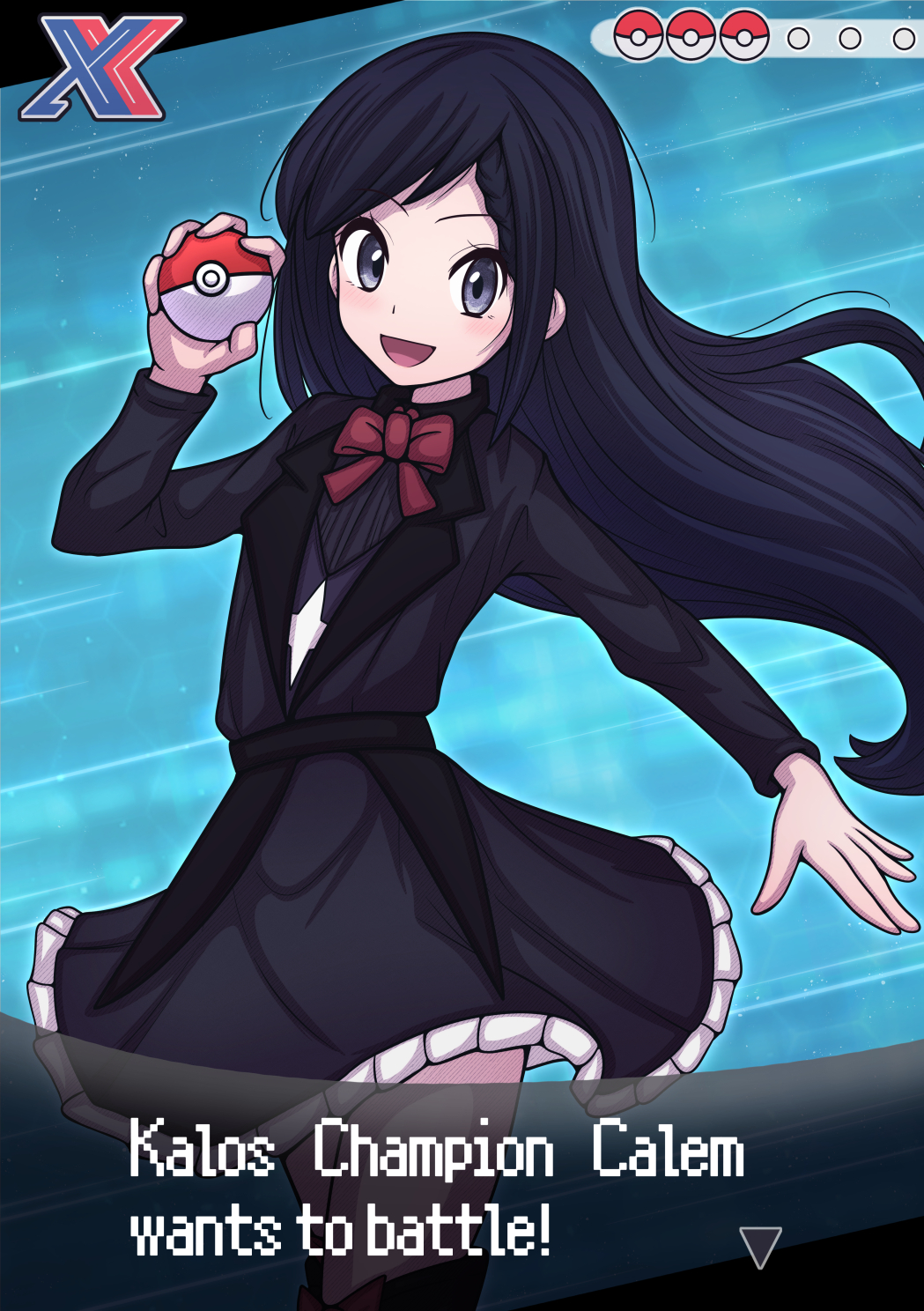 1boy, :d, black_dress, black_hair, bow, bowtie, calem_(pokemon), commentary_request, commission, crossdressing, crossdressing_(mtf), dress, english_text, grey_eyes, hakusai_(user_nkkd7242), hand_up, happy, highres, holding, holding_poke_ball, long_hair, long_sleeves, looking_at_viewer, male_focus, open_mouth, poke_ball, poke_ball_(basic), poke_ball_symbol, pokemon, pokemon_xy, red_bow, red_bowtie, sidelocks, skeb_commission, smile, solo, trainer_wants_to_battle, trap