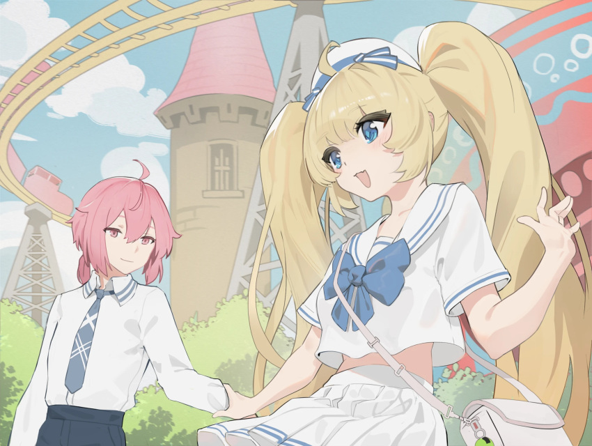 1boy, 1girl, a_pi, ahoge, bilibili_581334, blonde_hair, blue_eyes, blue_sky