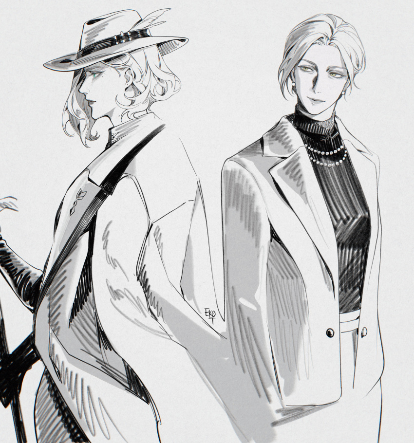 2girls, 7nite, absurdres, bernadette_cavendish_(path_to_nowhere), cane, coat, coat_on_shoulders, earrings