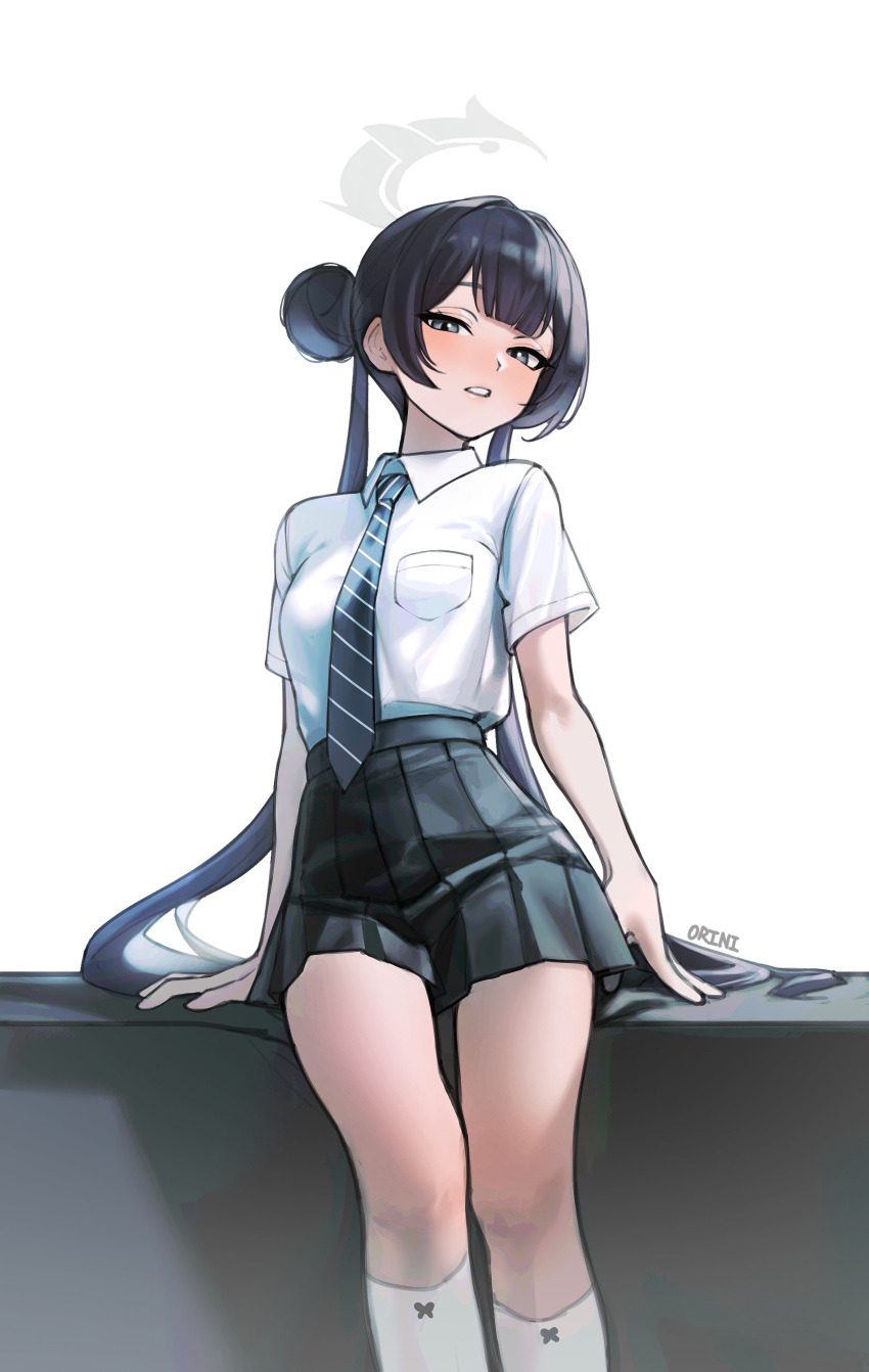 1girl, absurdres, arm_support, black_hair, black_necktie, black_skirt, blue_archive, blush