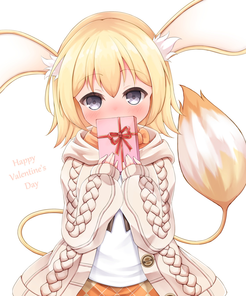 1girl, absurdres, animal_ears, blonde_hair, blush, emil_chronicle_online, gift, grey_eyes