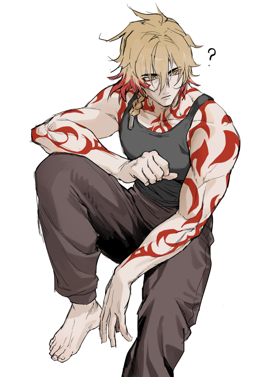 1boy, ?, absurdres, arm_tattoo, barefoot, black_tank_top, blonde_hair, braid, brown_pants, chest_tattoo, commentary_request, facial_tattoo, glasses, gradient_hair, hair_between_eyes, highres, honkai:_star_rail, honkai_(series), korean_commentary, lingling3870, male_focus, medium_hair, multicolored_hair, mydei_(honkai:_star_rail), pants, red_hair, red_tattoo, side_braid, simple_background, solo, tank_top, tattoo, white_background, yellow_eyes