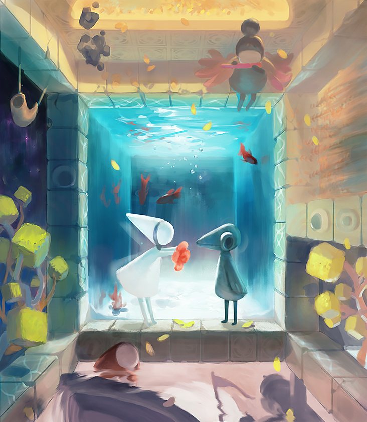 3girls, boat, commentary_request, fish, flower, greenheart, hat, ida_(monument_valley)