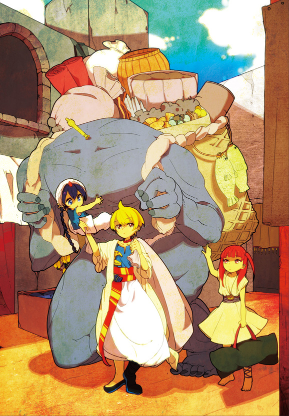 aladdin_(magi), ali_baba_saluja, baggy_pants, barefoot, blonde_hair, blue_hair, braid, carrying