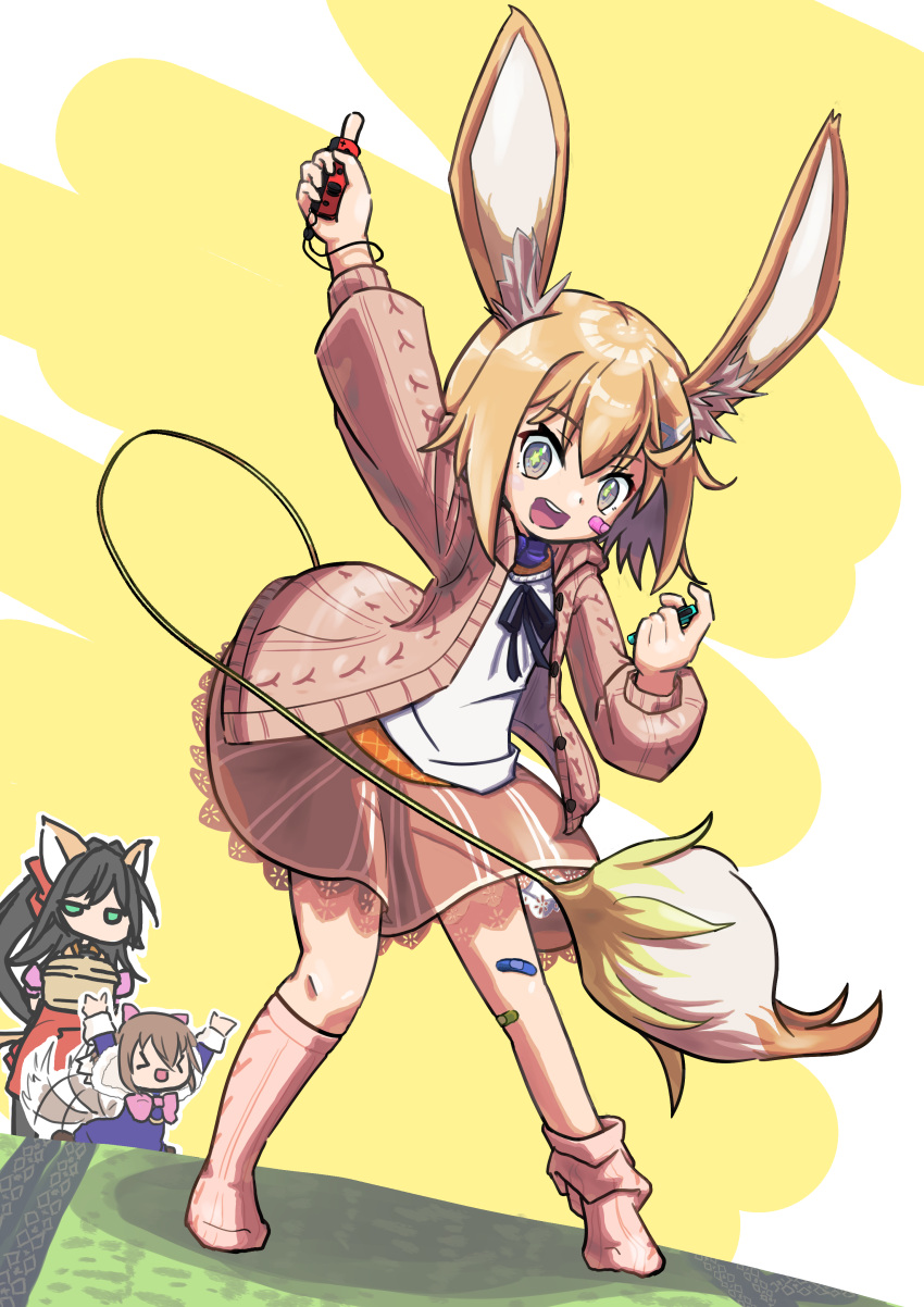 3girls, absurdres, animal_ears, balulu_alma, bandaid, bandaid_on_face, bandaid_on_leg, black_ribbon