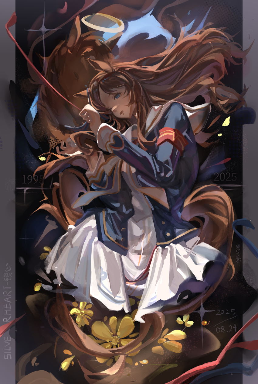 1girl, absurdres, animal_ears, blue_eyes, blue_jacket, brown_hair, dress, from_side